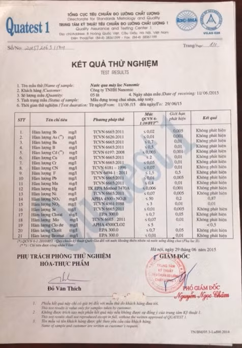 Kết quả thử nghiệm nước qua máy lọc Nanomic. Kết quả thử nghiệm nước qua máy lọc Nanomic.