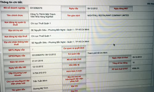 Trên Cục thuế TP HCM nhà hàng Nightfall vẫn hoạt động.