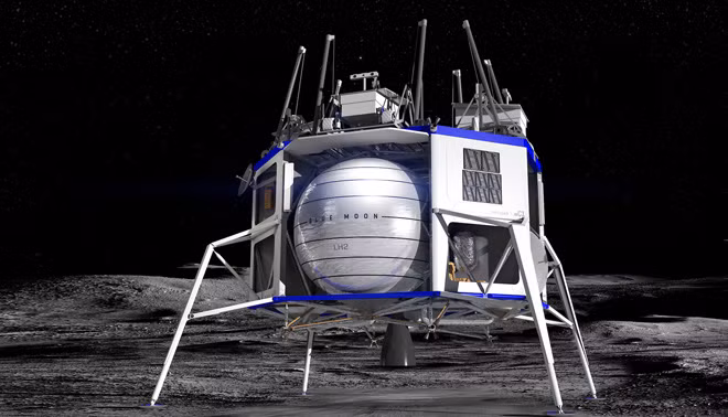 Một mô hình tàu đổ bộ Blue Moon được phát triển bởi Blue Origin.Công ty cho biết một phiên bản sẽ có thể đưa mọi người lên mặt trăng vào năm 2024. Một mô hình tàu đổ bộ Blue Moon được phát triển bởi Blue Origin.Công ty cho biết một phiên bản sẽ có thể đưa mọi người lên mặt trăng vào năm 2024.