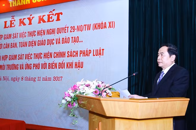 Chủ tịch UBTƯ MTTQ Việt Nam Trần Thanh Mẫn phát biểu tại Lễ ký kết.
