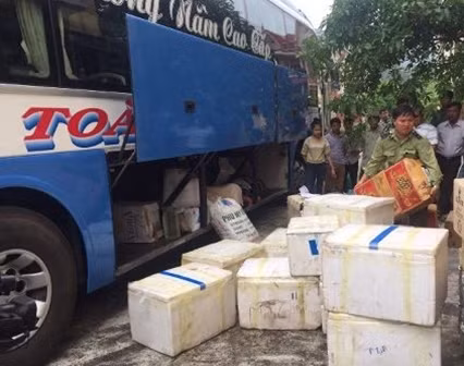 Lực lượng chức năng tỉnh Thừa Thiên- Huế phát hiện 15 thùng xốp chở cá đục ướp lạnh không rõ nguồn gốc trên xe khách BKS: 74B-000.06.