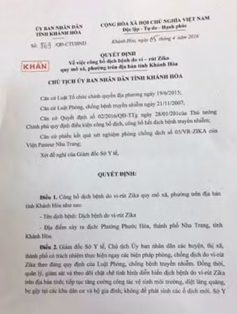Quyết định công bố dịch Zika của tỉnh Khánh Hòa.
