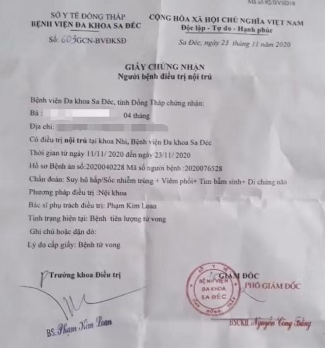 Chứng nhận khi ra viện của bé gái.