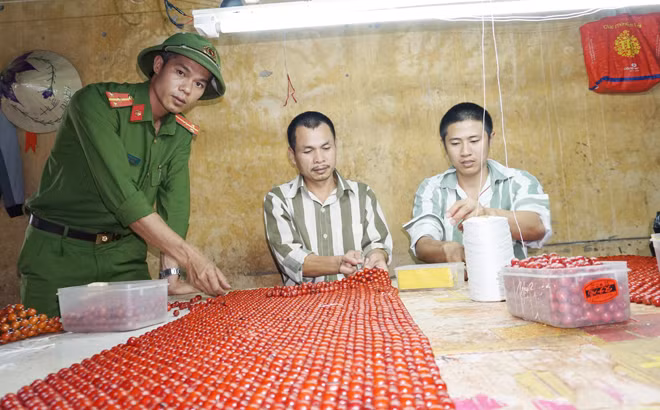 Cán bộ quản giáo Trại giam Đồng Sơn hướng dẫn phạm nhân học nghề. Cán bộ quản giáo Trại giam Đồng Sơn hướng dẫn phạm nhân học nghề.