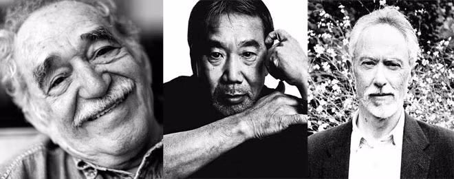 Từ trái qua: Các nhà văn Gacía Márquez, Haruki Murakami và Coetzee.