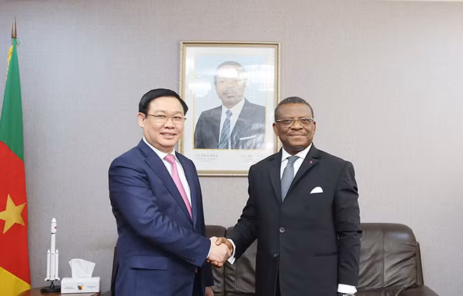 Phó Thủ tướng Vương Đình Huệ và Thủ tướng Cameroon Joseph Dion Ngute. Ảnh: VGP/Thành Chung