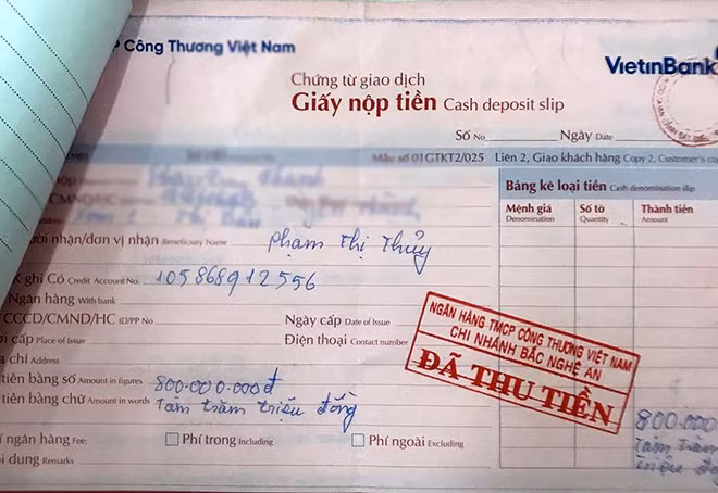 Phiếu chuyển tiền mà nạn nhân chuyển cho Phạm Thị Thủy Phiếu chuyển tiền mà nạn nhân chuyển cho Phạm Thị Thủy
