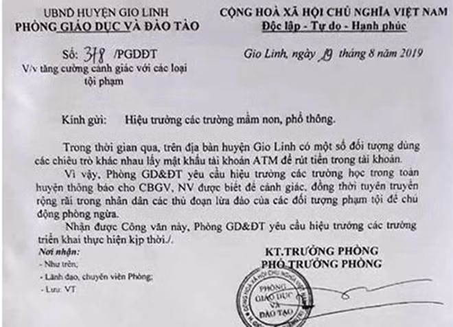 Thông báo của Phòng GD-ĐT huyện Gio Linh.