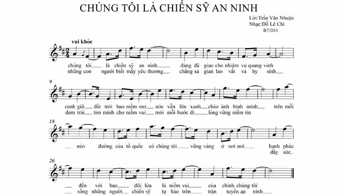 Bản nhạc "Chúng tôi là chiến sĩ an ninh" của hai chiến sĩ nam khóa D11 sáng tác. Lời thơ: Trần văn Nhuận, nhạc: Đỗ Lê Chi.