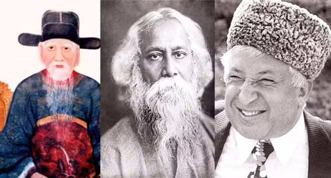 Từ trái qua: Các nhà thơ Nguyễn Trãi, Rabindranath Tagore, Rasul Gamzatov. Từ trái qua: Các nhà thơ Nguyễn Trãi, Rabindranath Tagore, Rasul Gamzatov.