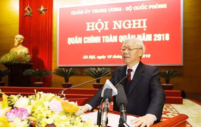 Tổng Bí thư, Chủ tịch nước Nguyễn Phú Trọng, Bí thư Quân ủy Trung ương phát biểu chỉ đạo Hội nghị. (Ảnh: Trí Dũng/TTXVN)
