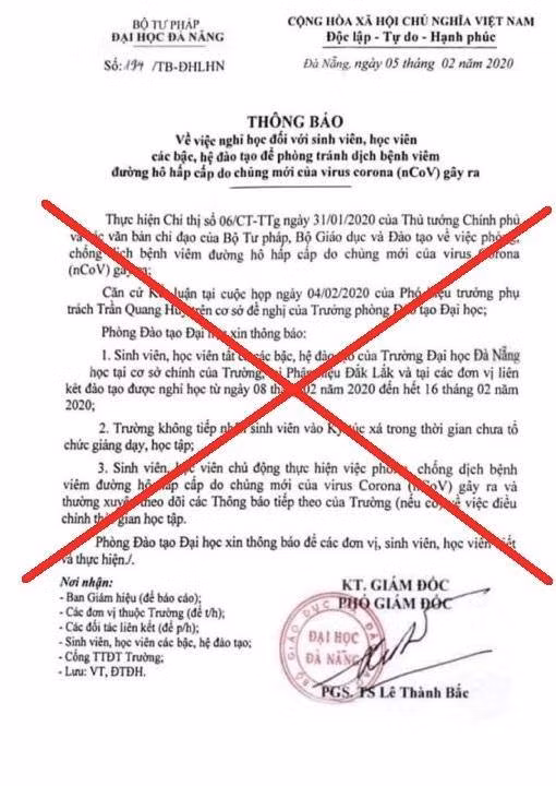 Đại học Đà Nẵng khẳng định "văn bản" có nội dung cho sinh viên nghỉ học đến hết 16/2 để phòng dịch virus Corona đang lan truyền là giả mạo. Đại học Đà Nẵng khẳng định "văn bản" có nội dung cho sinh viên nghỉ học đến hết 16/2 để phòng dịch virus Corona đang lan truyền là giả mạo.