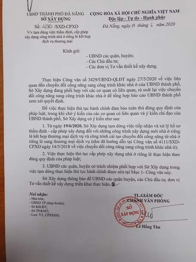 Công văn của Sở Xây dựng thành phố ngày 19/6 về việc tạm dừng thẩm định, cấp phép xây dựng công trình nhà ở riêng lẻ kết hợp thương mại dịch vụ.
