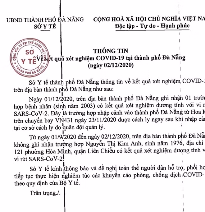 Sở Y tế TP Đà Nẵng khẳng định: Không ghi nhận trường hợp Nguyễn Thị Kim A. có kết quả xét nghiệm dương tính với virus SARS – CoV-2.