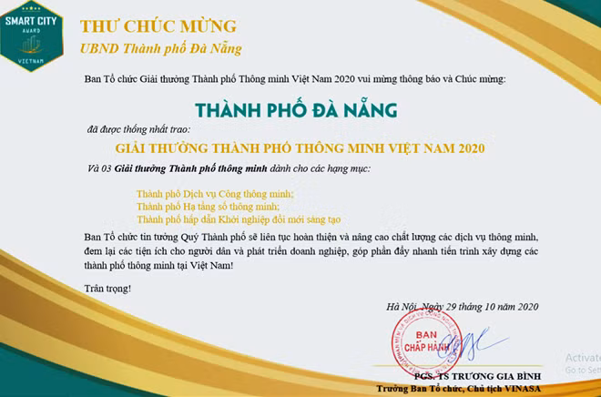 TP Đà Nẵng đã vinh dự đạt 3 giải thưởng “Thành phố dịch vụ công thông minh”; “Thành phố hạ tầng số thông minh” và “Thành phố hấp dẫn khởi nghiệp sáng tạo” năm 2020.