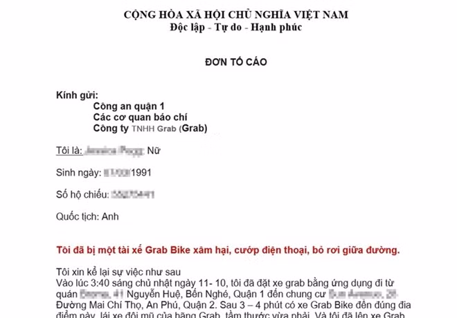 Đơn tố cáo của chị P gửi Công an quận 1.