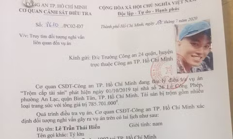 Thông báo truy tìm Hiển của Phòng Cảnh sát hình sự.