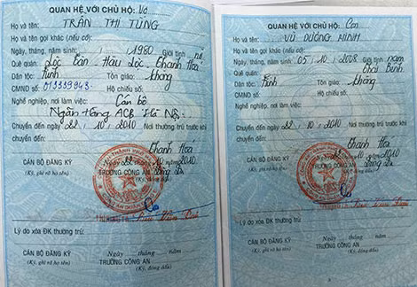 Trần Thị Tùng ghi thêm thông tin “Làm cán bộ ngân hàng” vào sổ hộ khẩu để lừa đảo.