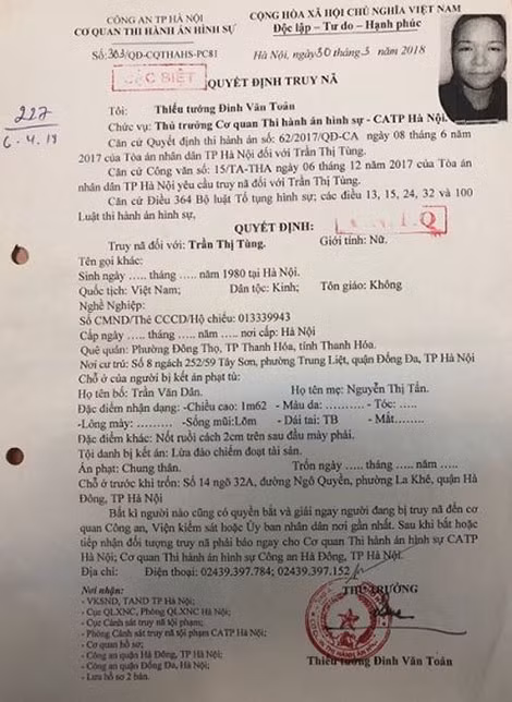 Lệnh truy nã đặc biệt Trần Thị Tùng.