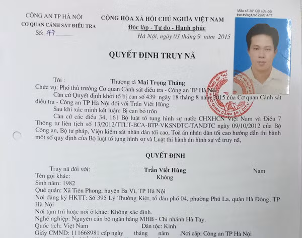 Quyết định truy nã Trần Viết Hùng.