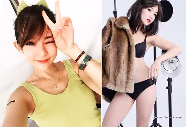 Naomi nổi tiếng bởi vẻ đẹp thuần khiết và nhí nhảnh (ảnh trái); cô là người mẫu đắt show quảng cáo xe tại Trung Quốc.