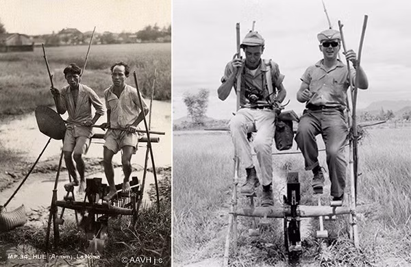Guồng xe nước đạp chân trên cánh đồng ở Thừa Thiên - Huế, năm 1920 (ảnh trái) và hình ảnh hai phóng viên quốc tế đạp guồng nước ở Lộc Điền, Thừa Thiên - Huế năm 1965. Guồng xe nước đạp chân trên cánh đồng ở Thừa Thiên - Huế, năm 1920 (ảnh trái) và hình ảnh hai phóng viên quốc tế đạp guồng nước ở Lộc Điền, Thừa Thiên - Huế năm 1965.