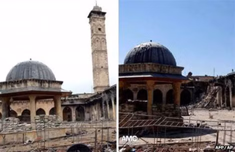Cấu trúc tháp của Thánh đường Hồi giáo Umayyad ở Aleppo trước và sau khi bị phá hủy. Cấu trúc tháp của Thánh đường Hồi giáo Umayyad ở Aleppo trước và sau khi bị phá hủy.