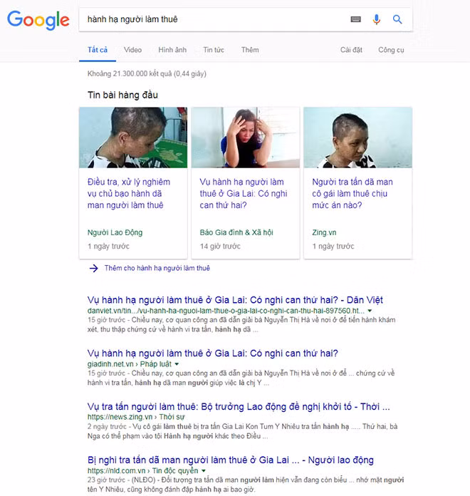 Google trả về tới 21.300.000 kết quả trong thời gian 0,44 giây đối với từ khóa "hành hạ người làm thuê".