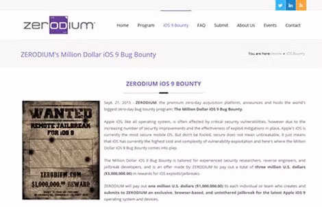 Công ty bảo mật Zerodium công bố chương trình gọi là “The Million Dollar iOS 9 Bug Bounty”.
