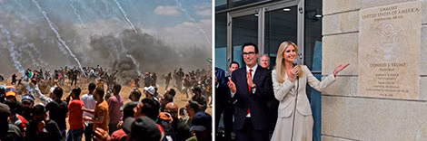 Hình ảnh đối lập: con gái Tổng thống Mỹ - cô Ivanka - tươi cười tại lễ khai trương Đại sứ quán Mỹ ở Jerusalem và những người Palestine với gạch đá đối chọi binh sĩ Israel. Ảnh: Twitter.