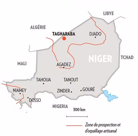 Sơ đồ khu vực Tagharaba, nơi có trữ lượng vàng lớn ở Niger. Ảnh: ParisMatch. Sơ đồ khu vực Tagharaba, nơi có trữ lượng vàng lớn ở Niger. Ảnh: ParisMatch.