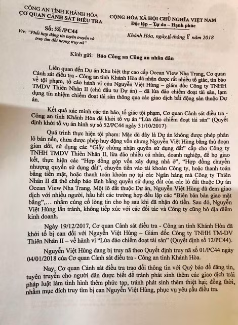 Văn bản của Cơ quan CSĐT Công an tỉnh Khánh Hòa đề nghị Báo CAND đăng tải thông tin truy nã Nguyễn Việt Hùng.
