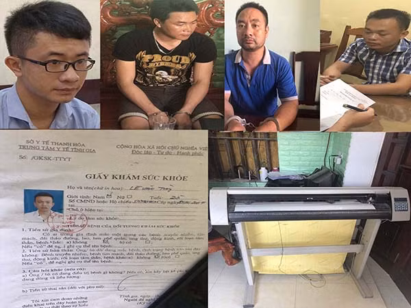 Từ trái qua phải: Nguyễn Xuân Quyết, Nguyễn Đình Tuấn, Bùi Ngọc Huy, Nguyễn Duy Long và các tang vật thu giữ.