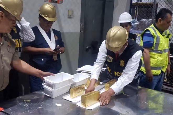120 kg vàng thỏi bị tịch thu từ các công ty xuất khẩu. Ảnh nguồn: PNP Medio Ambiente.