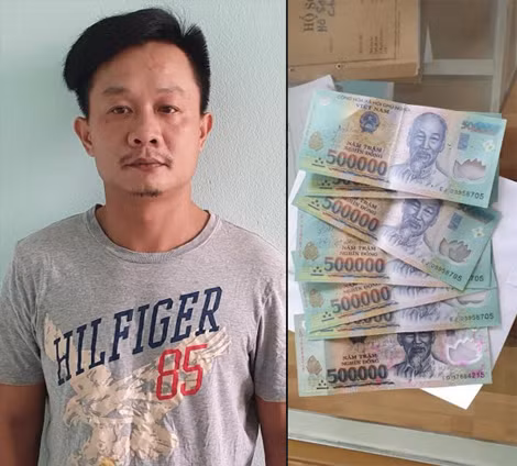 Bị can Hồ Hoàng Anh và số tiền giả.