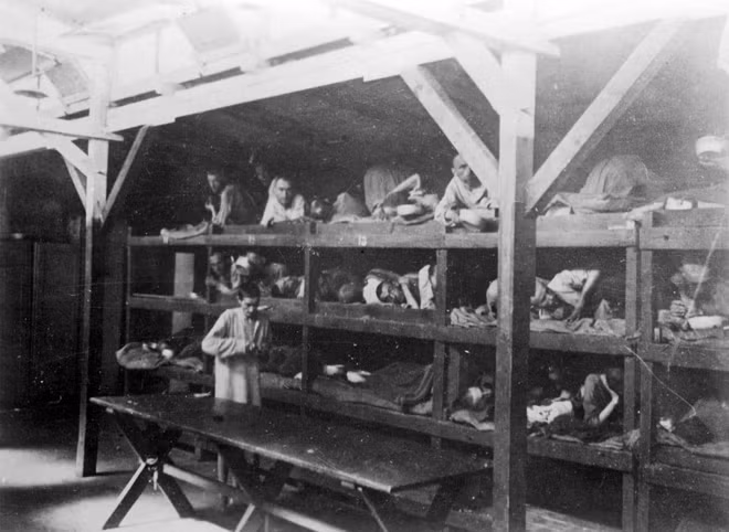 Các tù nhân nằm trên giường tầng tại trại tập trung Auschwitz - Birkenau (Ba Lan) sau khi được giải phóng khỏi Đức Quốc xã. Các tù nhân nằm trên giường tầng tại trại tập trung Auschwitz - Birkenau (Ba Lan) sau khi được giải phóng khỏi Đức Quốc xã.