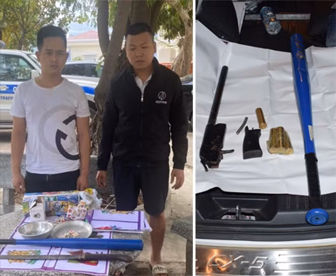 Chiến (áo trắng) và Minh cùng tang vật liên quan.