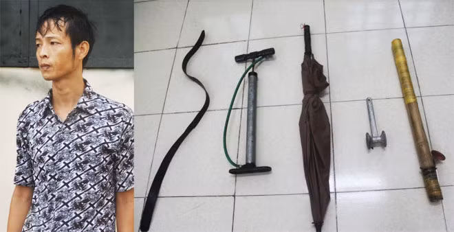 Nguyễn Hữu Long và vật chứng Long ngược đãi con trai.