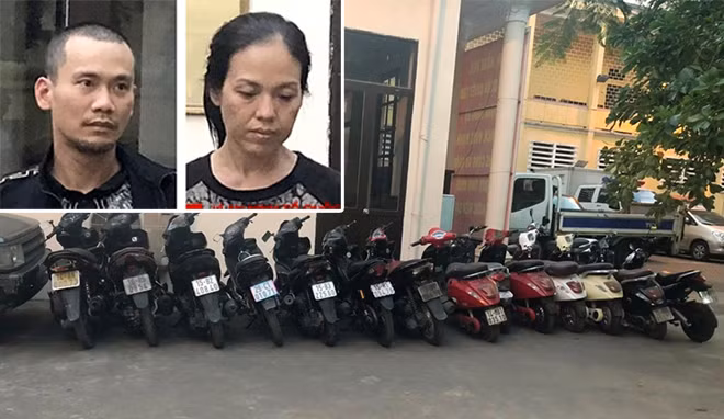 Cặp đôi cùng tang vật trộm cắp là hàng chục chiếc xe máy.