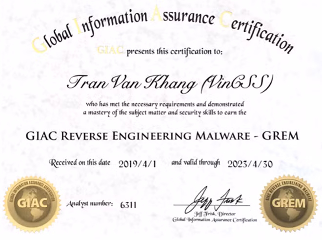 Ông Khang là người Việt đầu tiên đạt chứng chỉ bảo mật GREM.