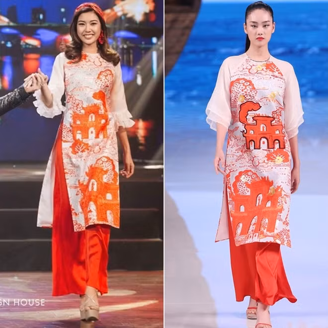 Nhà thiết kế Thủy Nguyễn bức xúc khi một thiết kế của Ne Tiger (phải) sao chép thiết kế của mình trong bộ sưu tập “Áo dài non nước” trình làng tháng 1/2018.