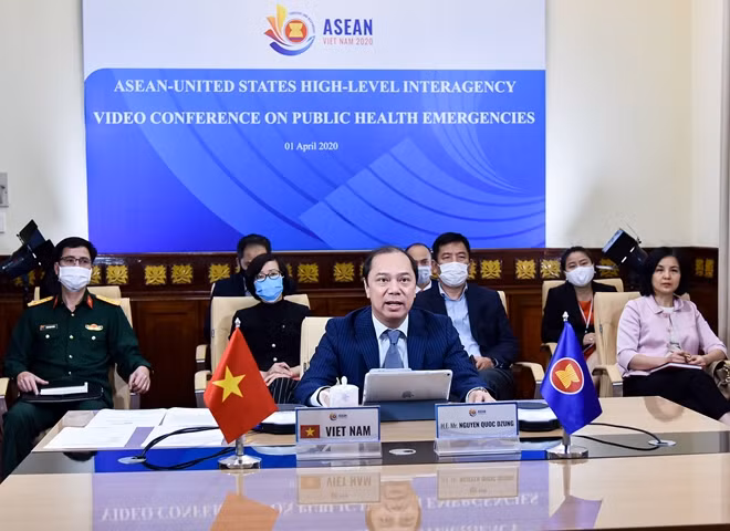 Thứ trưởng Ngoại giao Nguyễn Quốc Dũng tại hội nghị trực tuyến ASEAN-Mỹ.
