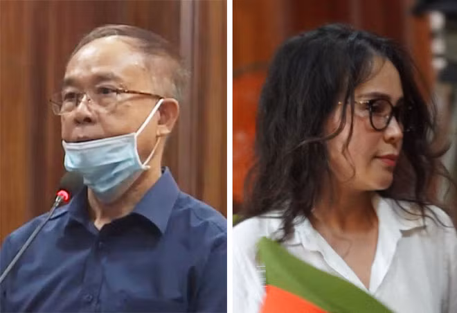 Ông Nguyễn Thành Tài trả lời thẩm vấn của HĐXX (ảnh trái); bà Lê Thị Thanh Thúy.