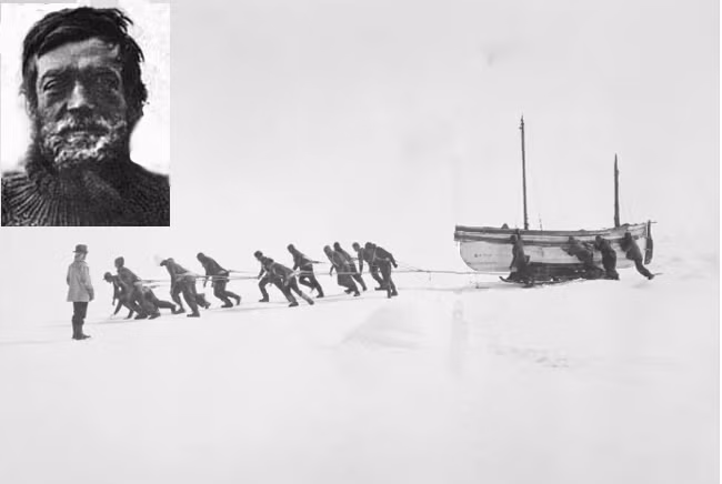 Kéo thuyền cứu sinh lên mặt băng dựng trại (ảnh nhỏ là thuyền trưởng Shackleton)