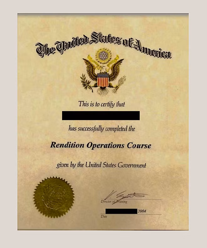 Chứng chỉ đào tạo được cấp cho lính biệt kích RRT đã trải qua khóa đào tạo do CIA tổ chức năm 2004.