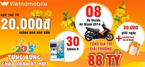 Chỉ cần nạp tiền từ 20.000 đồng, khách hàng đã có cơ hội sở hữu các giải thưởng lớn của Vietnamobile. Chỉ cần nạp tiền từ 20.000 đồng, khách hàng đã có cơ hội sở hữu các giải thưởng lớn của Vietnamobile.