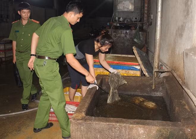 Cảnh sát môi trường kiểm tra cơ sở làm trắng nội tạng bò bằng hóa chất.