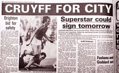 Tin đồn Johan Cruyff đến Leicester trên mặt báo năm 1981.