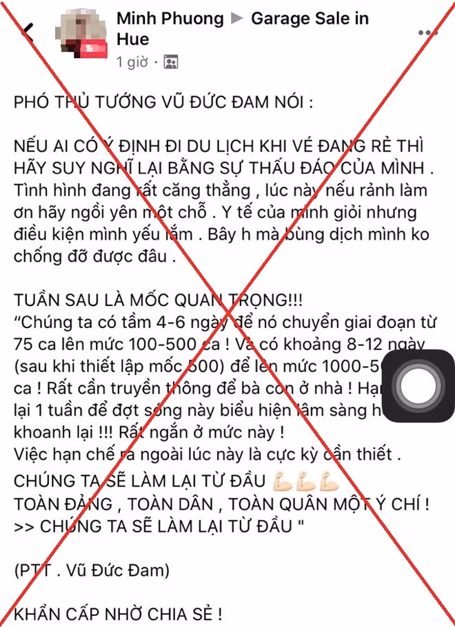 Thông tin về phát ngôn giả mạo của Phó Thủ tướng Vũ Đức Đam được bà P. dùng Facebook Minh Phương đăng tải.