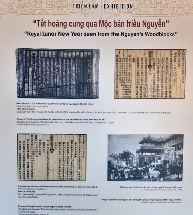 Triển lãm trưng bày 32 bản chụp tư liệu mộc bản, bản dập cùng nhiều hình ảnh minh họa liên quan đến các hoạt động trong dịp Tết Nguyên đán thời Nguyễn.